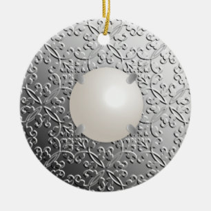 Silver Damask with a faux mabe pearl Ceramic Tree Decoration