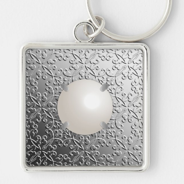 Silver Damask with a faux mabe pearl Key Ring (Front)