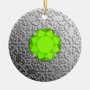 Silver Damask with a faux peridot gemstone Ceramic Ornament