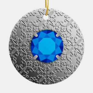 Silver Damask with a faux sapphire gemstone Ceramic Ornament