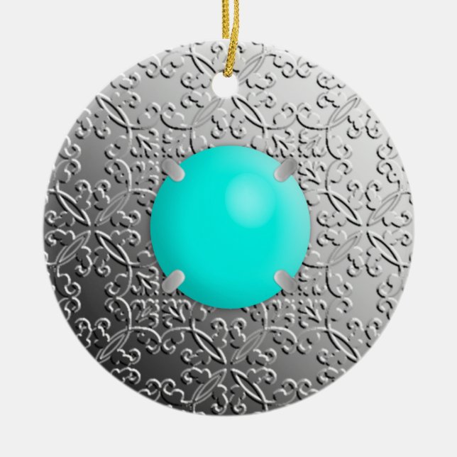 Silver Damask with a faux turquoise gemstone Ceramic Ornament (Front)