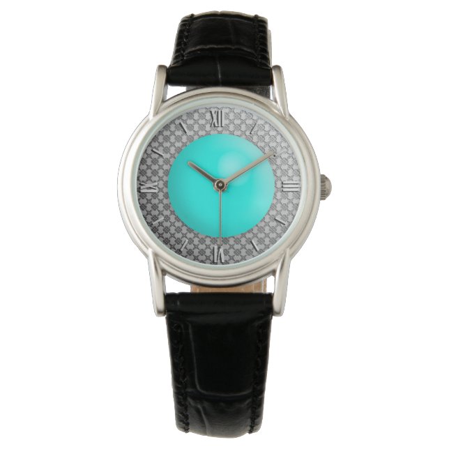 Silver Damask with a faux turquoise gemstone Watch (Front)