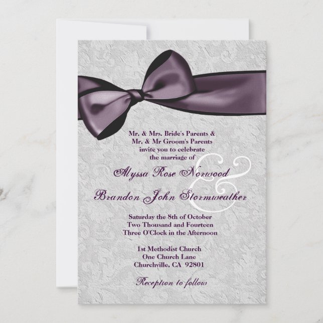 Silver Damask with Deep Purple Bow Wedding V2 Invitation (Front)