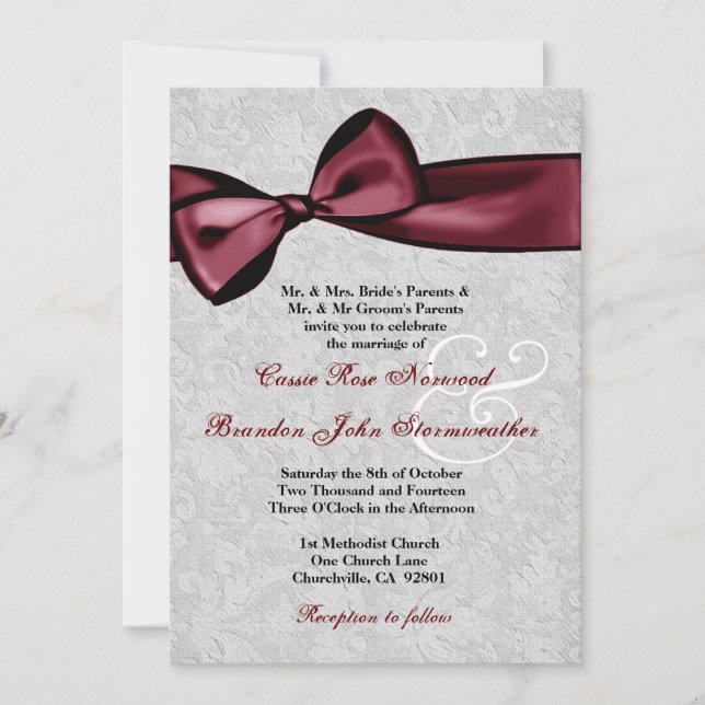 Silver Damask with Wine Red Printed Bow Wedding Invitation (Front)