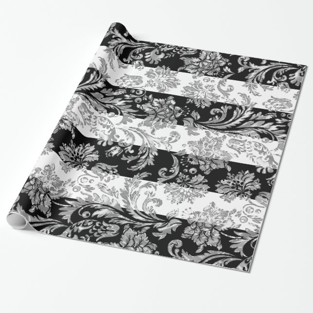 Silver Damasks On White & Black Stripes Wrapping Paper (Unrolled)
