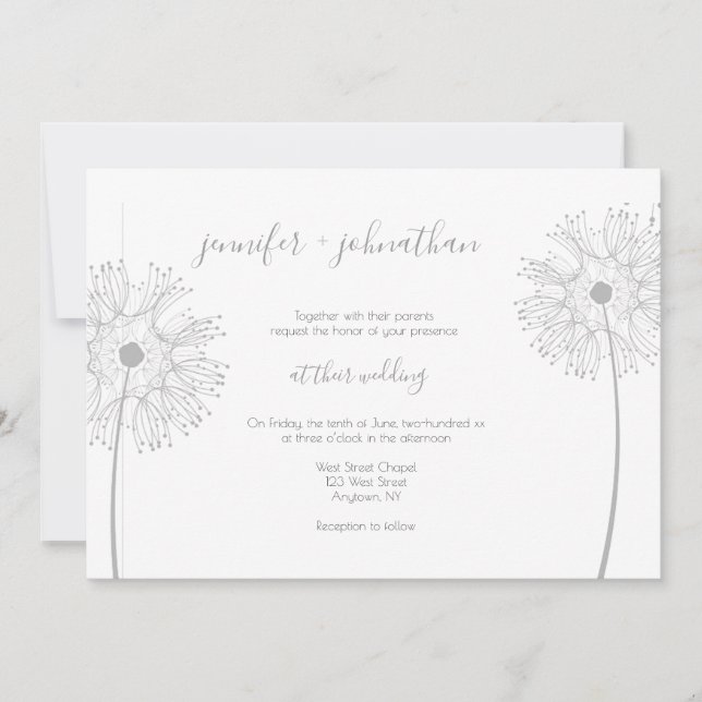 Silver dandelion floral wedding invitations (Front)