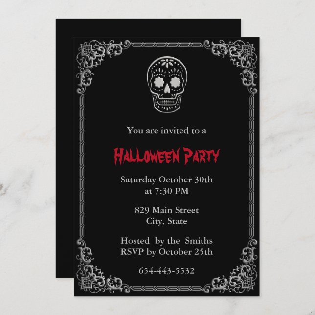 Silver Day Of The Dead Sugar Skull Halloween Invitation (Front/Back)