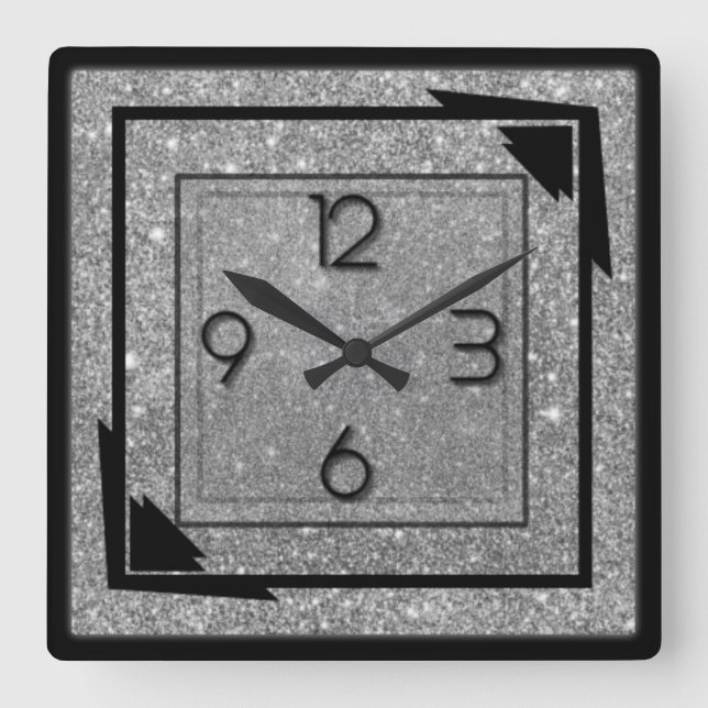 Silver deco square wall clock (Front)