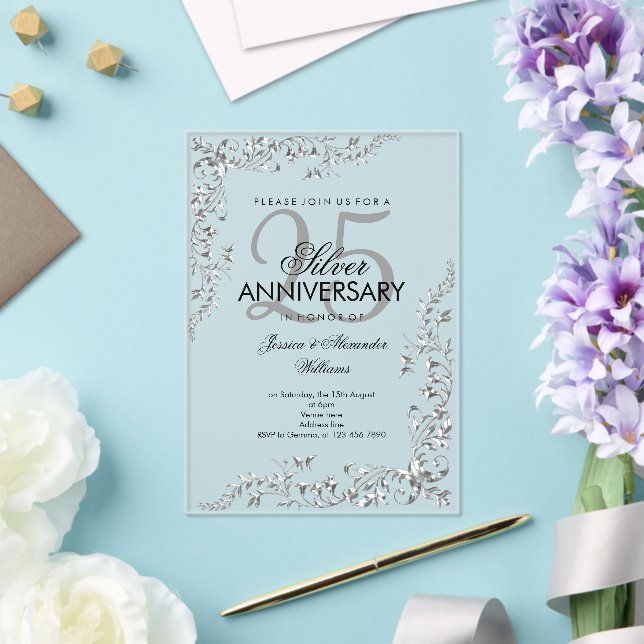 Silver Decoration 25th Wedding Anniversary Acrylic Invitations (Insitu (Wedding))