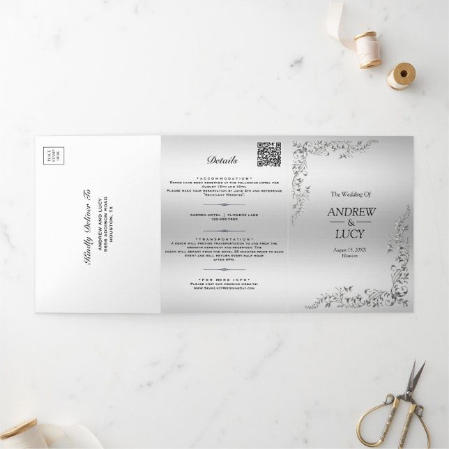 Silver Decoration QR Code Photo Wedding Tri-Fold Invitation (Outside)