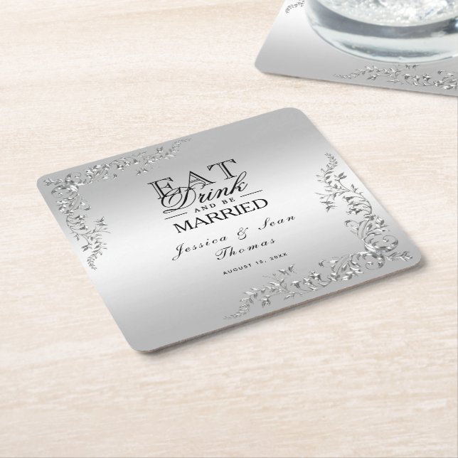 Silver Decoration Wedding Square Paper Coaster (Angled)