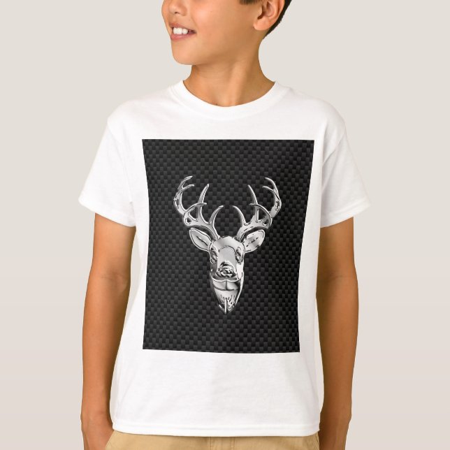 Silver Deer Buck on Carbon Fibre Style Decor T-Shirt (Front)