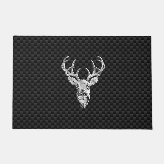 Silver Deer Buck on Carbon Fibre Style Print Doormat (Front)