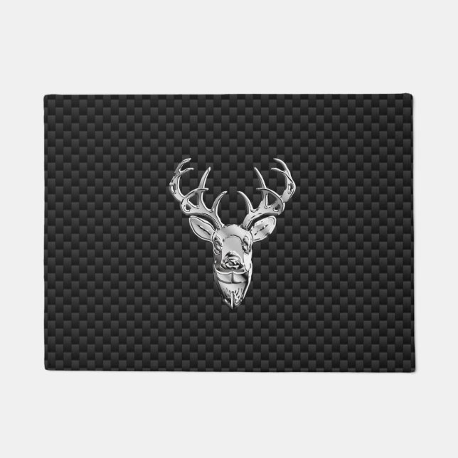 Silver Deer Buck on Carbon Fibre Style Print Doormat (Front)