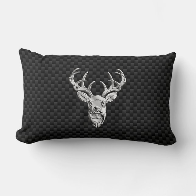 Silver Deer Face on Carbon Fibre Style Print Lumbar Cushion (Front)