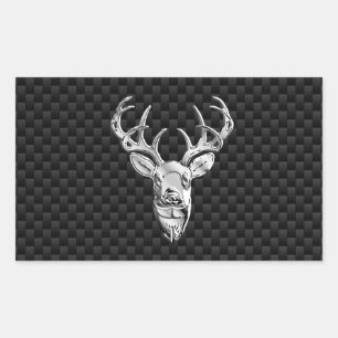 Silver Deer Face on Carbon Fibre Style Print Rectangular Sticker