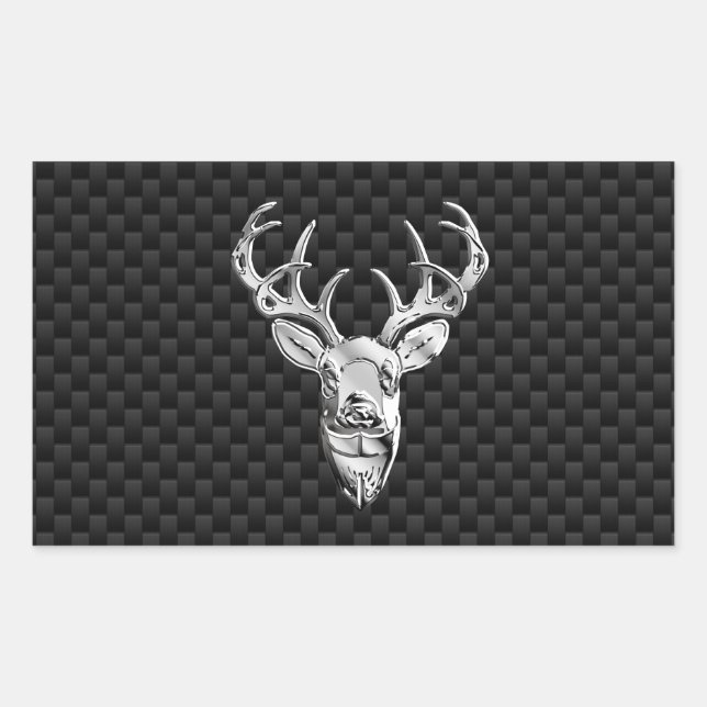 Silver Deer Face on Carbon Fibre Style Print Rectangular Sticker (Front)