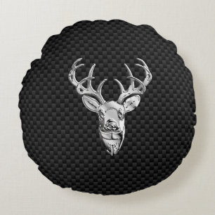 Silver Deer Head in Carbon Fiber Style Round Cushion
