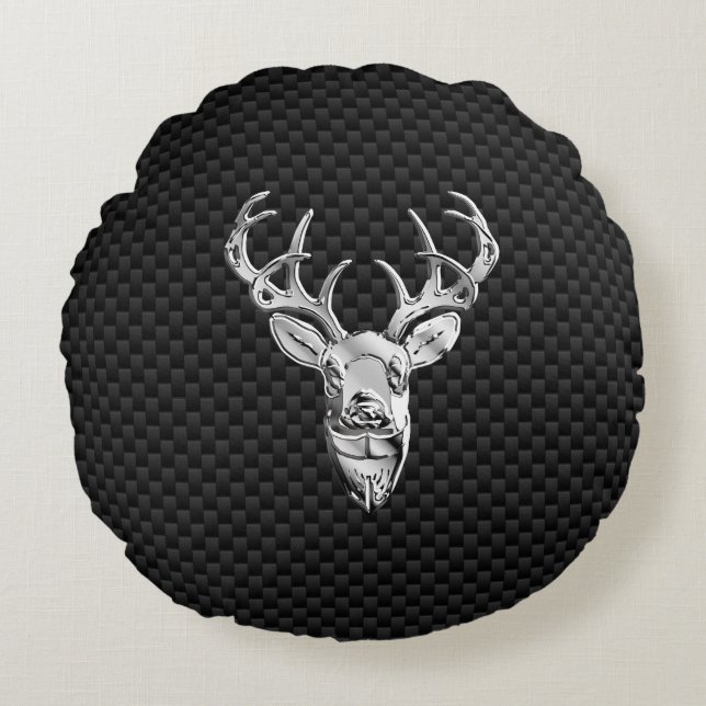 Silver Deer Head in Carbon Fiber Style Round Cushion (Front)