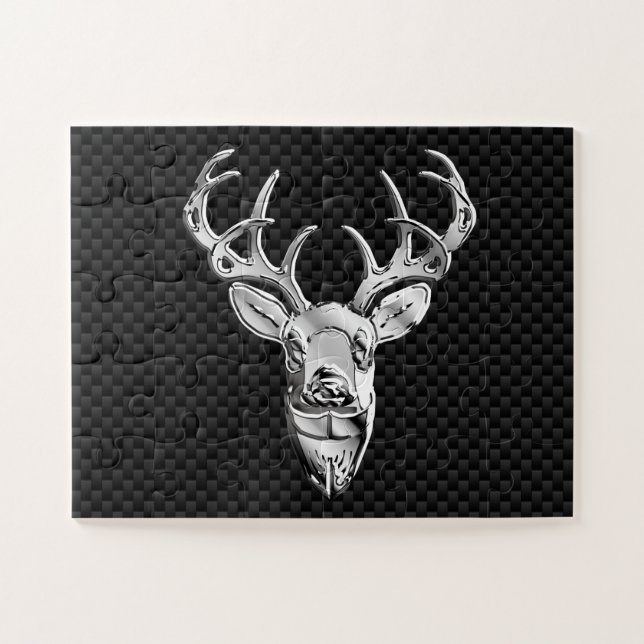 Silver Deer Head in Carbon Fibre Style Jigsaw Puzzle (Horizontal)