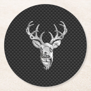 Silver Deer Head in Carbon Fibre Style Round Paper Coaster