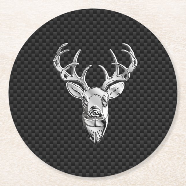 Silver Deer Head in Carbon Fibre Style Round Paper Coaster (Front)