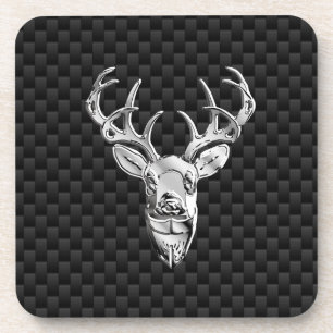 Silver Deer on Black Carbon Fibre Style Print Coaster