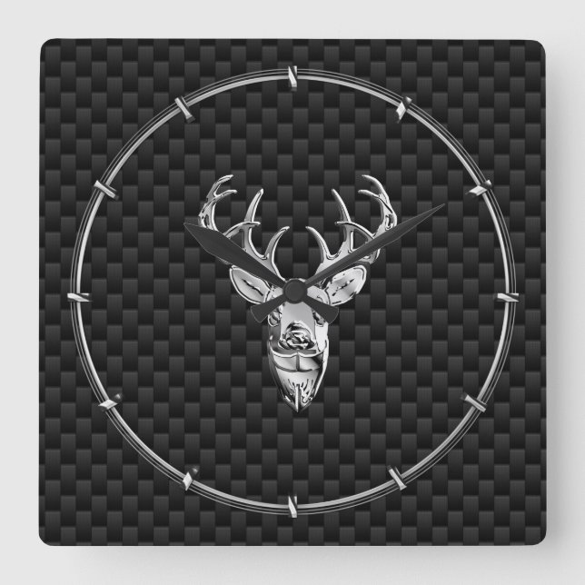 Silver Deer on Black Carbon Fibre Style Print Square Wall Clock (Front)