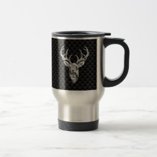 Silver Deer on Black Carbon Fibre Style Print Travel Mug