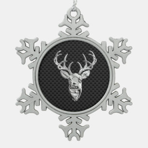 Silver Deer on Carbon Fibre Style Decor Snowflake Pewter Christmas Ornament