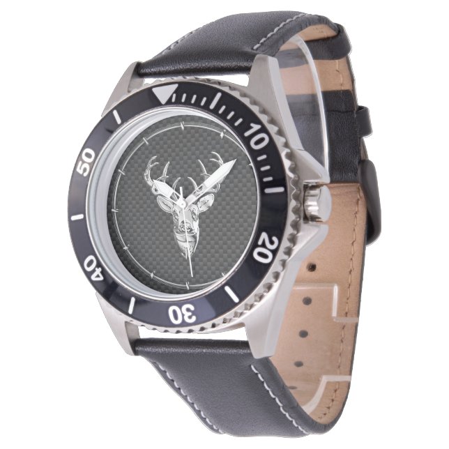 Silver Deer on Carbon Fibre Style Decor Watch (Angled)