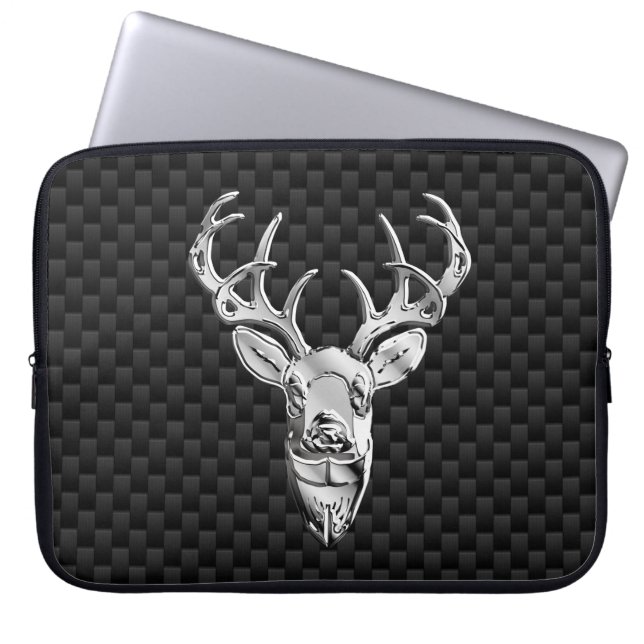 Silver Deer on Carbon Fibre Style Print Laptop Sleeve (Front)