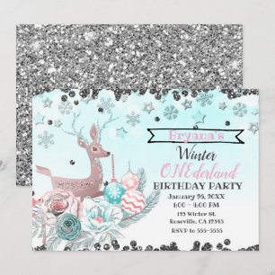 Silver Deer Winter ONEderland 1st Birthday Party Invitation