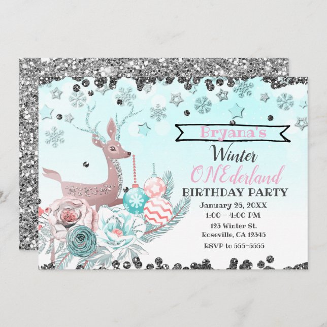 Silver Deer Winter ONEderland 1st Birthday Party Invitation (Front/Back)