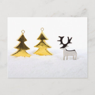 Silver deer with golden Christmas trees in snow Holiday Postcard