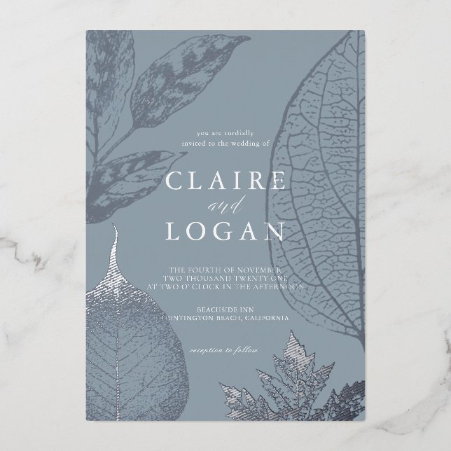 Silver Delicate Leaves Dusty Blue Wedding (Front)