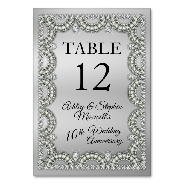 Silver | Diamond 10th Wedding Anniversary Party Table Number (Front)