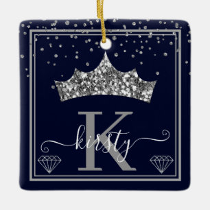 Silver Diamond Confetti & Glitter Tiara Ceramic Ornament