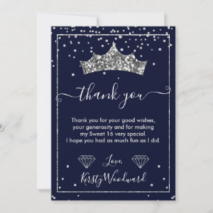 Silver Diamond Confetti Tiara Sweet 16 Thank You Card
