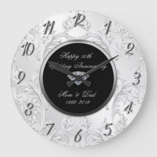 Silver Diamond Damask 50th Wedding Anniversary Large Clock