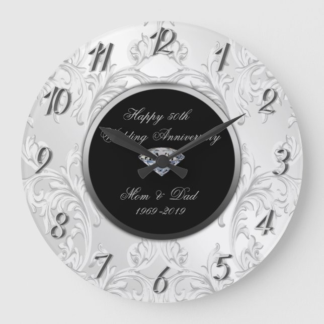 Silver Diamond Damask 50th Wedding Anniversary Large Clock (Front)
