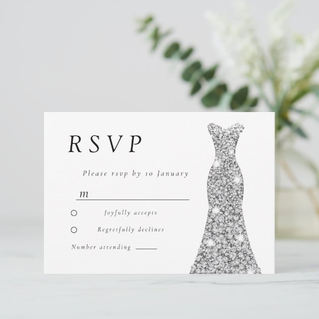 Silver Diamond Dress Bridal or Birthday Party RSVP Card (Standing Front)