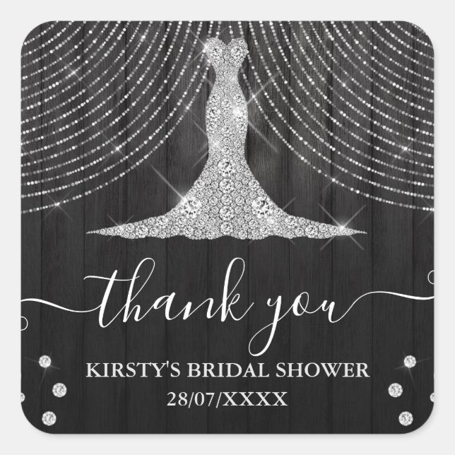 Silver Diamond Dress on Black Wood Bridal Shower Square Sticker (Front)