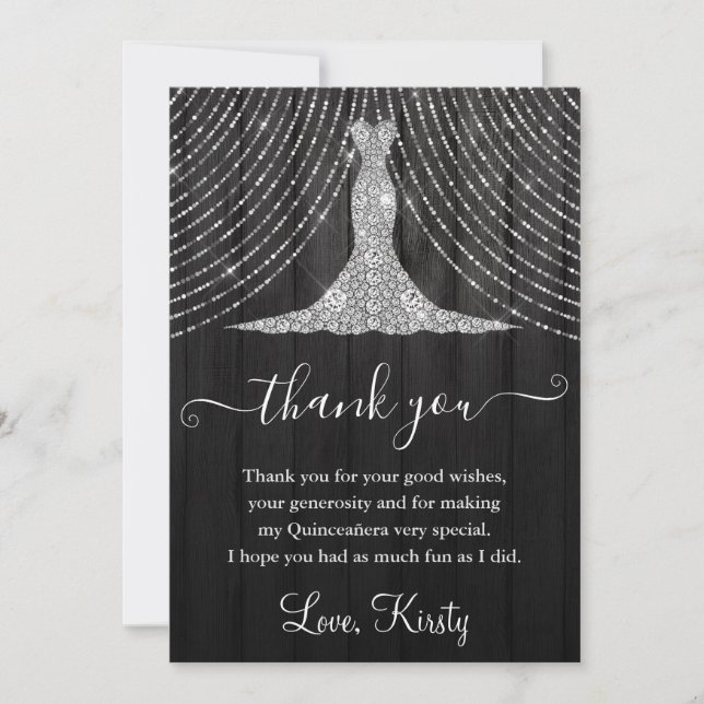 Silver Diamond Dress on Black Wood Quinceanera Thank You Card (Front)