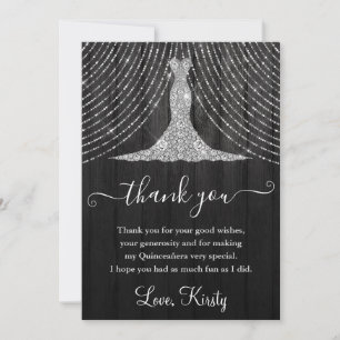 Silver Diamond Dress on Black Wood Quinceanera Thank You Card