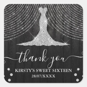 Silver Diamond Dress on Black Wood Sweet Sixteen Square Sticker