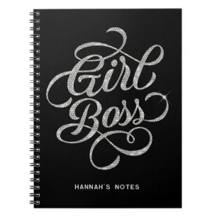 Silver Diamond Glam Girl Boss Typography Black Notebook