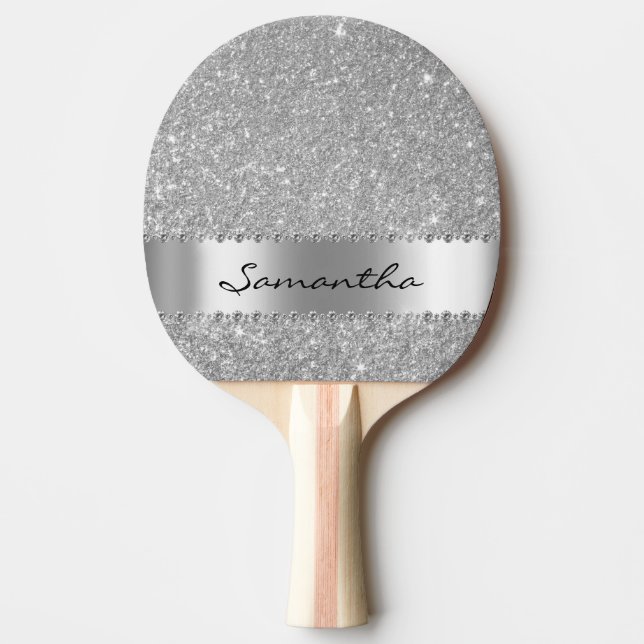 Silver Diamond Glitter Bling Girly Ping Pong Paddle (Front)