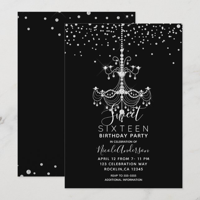 Silver Diamond Glitter Chandelier Sweet 16 Party Invitation (Front/Back)