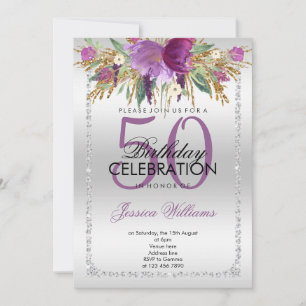 Silver Diamond Glitter Watercolor Flowers Birthday Invitation